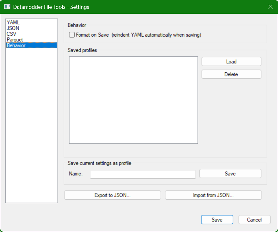 Behavior-tabblad van de File Tools instellingen met Format on Save
